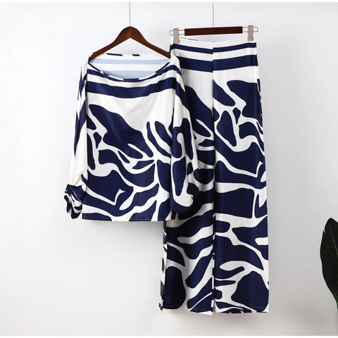 New Casual Satin Print Fashion Hollow Off Shoulder Top With Long Pant 2 Piece Set CODE: KAR2046