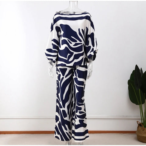 New Casual Satin Print Fashion Hollow Off Shoulder Top With Long Pant 2 Piece Set CODE: KAR2046