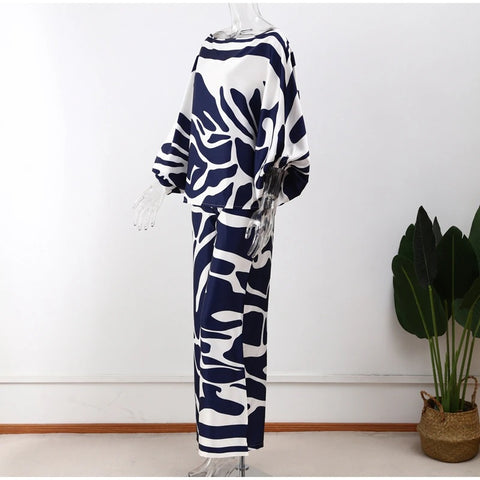 New Casual Satin Print Fashion Hollow Off Shoulder Top With Long Pant 2 Piece Set CODE: KAR2046
