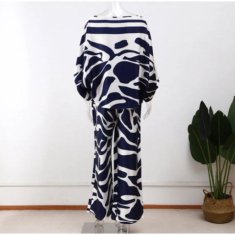 New Casual Satin Print Fashion Hollow Off Shoulder Top With Long Pant 2 Piece Set CODE: KAR2046