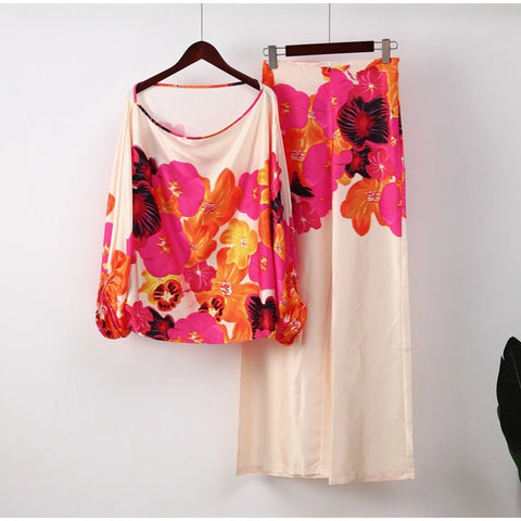 New Casual Satin Print Fashion Hollow Off Shoulder Top With Long Pant 2 Piece Set CODE: KAR2046