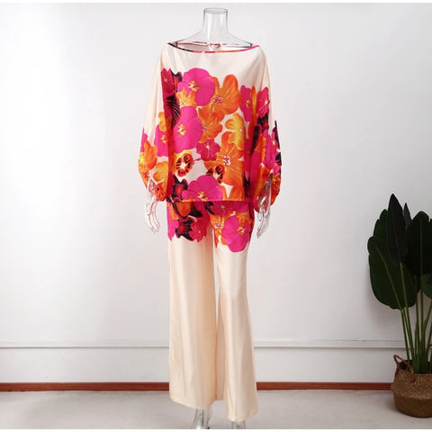 New Casual Satin Print Fashion Hollow Off Shoulder Top With Long Pant 2 Piece Set CODE: KAR2046
