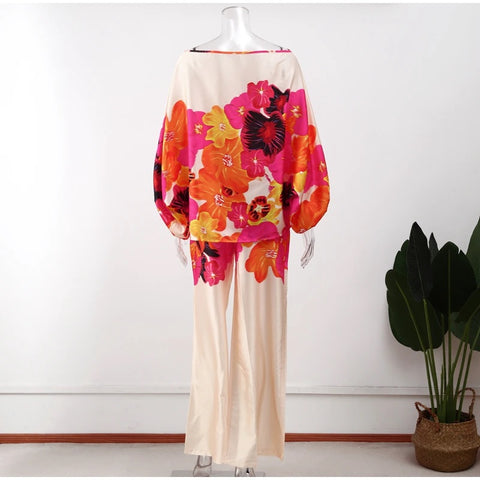 New Casual Satin Print Fashion Hollow Off Shoulder Top With Long Pant 2 Piece Set CODE: KAR2046