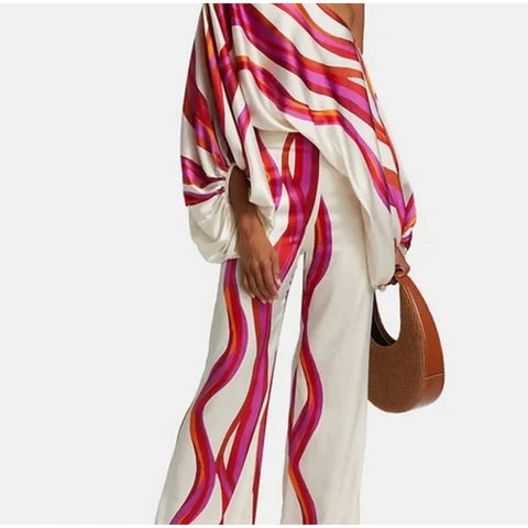 New Casual Satin Print Fashion Hollow Off Shoulder Top With Long Pant 2 Piece Set CODE: KAR2046
