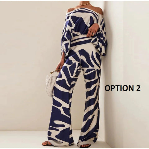 New Casual Satin Print Fashion Hollow Off Shoulder Top With Long Pant 2 Piece Set CODE: KAR2046
