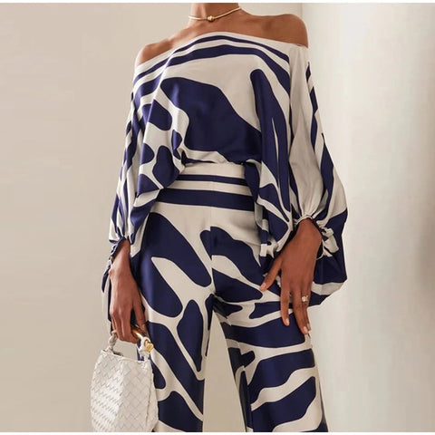 New Casual Satin Print Fashion Hollow Off Shoulder Top With Long Pant 2 Piece Set CODE: KAR2046