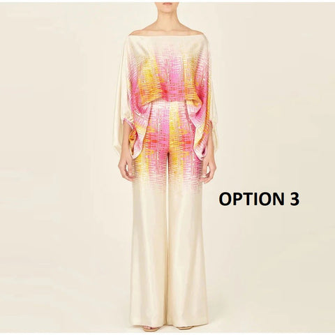 New Casual Satin Print Fashion Hollow Off Shoulder Top With Long Pant 2 Piece Set CODE: KAR2046