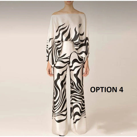 New Casual Satin Print Fashion Hollow Off Shoulder Top With Long Pant 2 Piece Set CODE: KAR2046