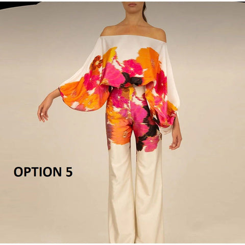 New Casual Satin Print Fashion Hollow Off Shoulder Top With Long Pant 2 Piece Set CODE: KAR2046