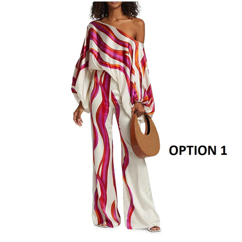 New Casual Satin Print Fashion Hollow Off Shoulder Top With Long Pant 2 Piece Set CODE: KAR2046