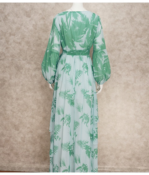 Sexy Deep V-Neck Summer Bohemian Lantern Sleeve Long Ruffle Maxi Dress CODE: KAR2049