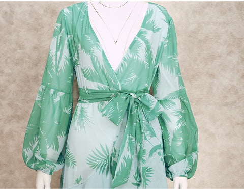 Sexy Deep V-Neck Summer Bohemian Lantern Sleeve Long Ruffle Maxi Dress CODE: KAR2049