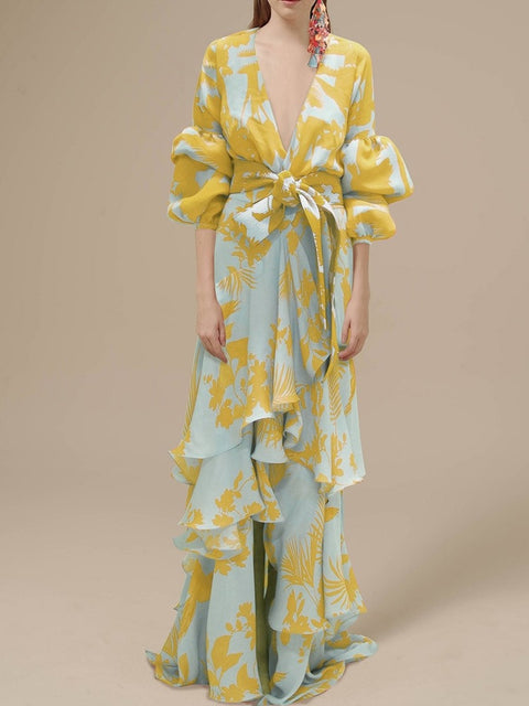 Sexy Deep V-Neck Summer Bohemian Lantern Sleeve Long Ruffle Maxi Dress CODE: KAR2049