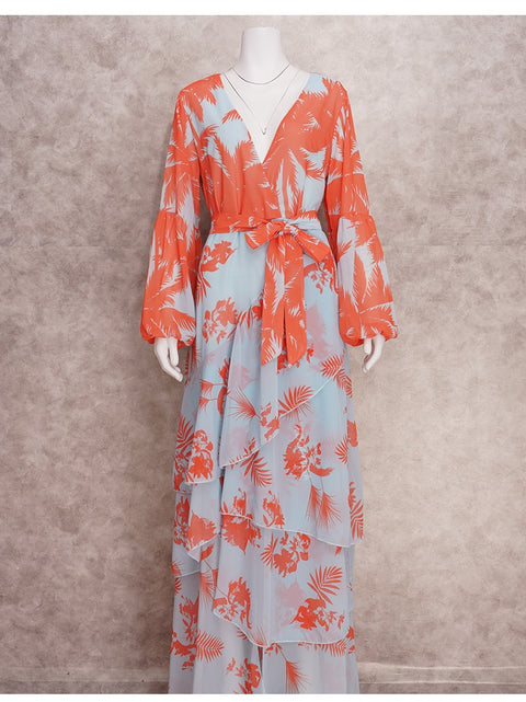 Sexy Deep V-Neck Summer Bohemian Lantern Sleeve Long Ruffle Maxi Dress CODE: KAR2049
