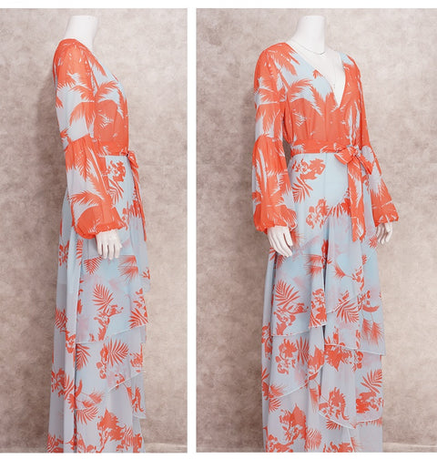 Sexy Deep V-Neck Summer Bohemian Lantern Sleeve Long Ruffle Maxi Dress CODE: KAR2049