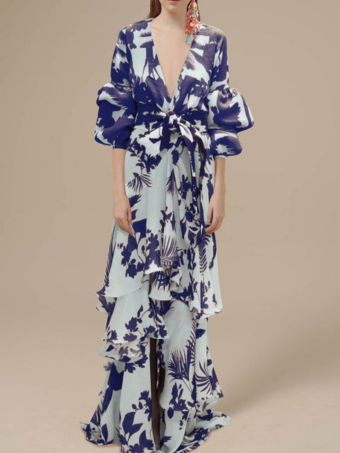 Sexy Deep V-Neck Summer Bohemian Lantern Sleeve Long Ruffle Maxi Dress CODE: KAR2049