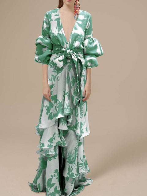 Sexy Deep V-Neck Summer Bohemian Lantern Sleeve Long Ruffle Maxi Dress CODE: KAR2049