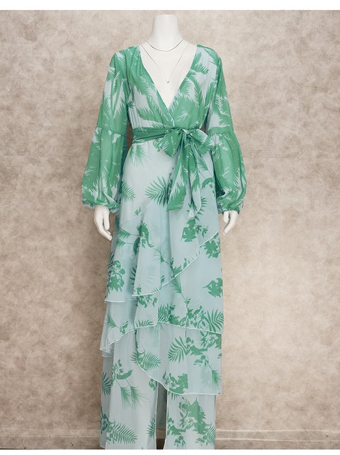Sexy Deep V-Neck Summer Bohemian Lantern Sleeve Long Ruffle Maxi Dress CODE: KAR2049