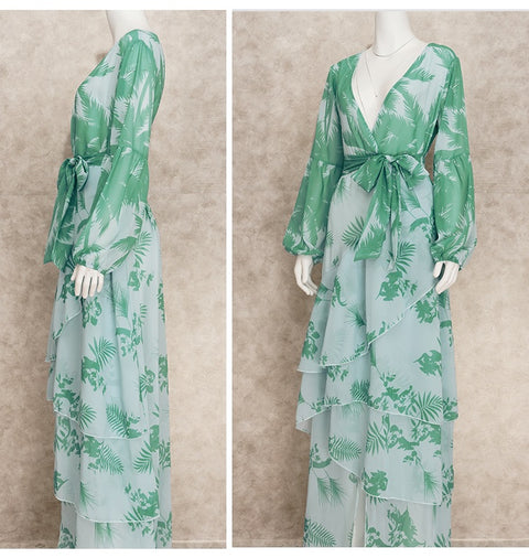 Sexy Deep V-Neck Summer Bohemian Lantern Sleeve Long Ruffle Maxi Dress CODE: KAR2049