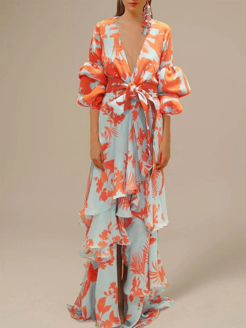 Sexy Deep V-Neck Summer Bohemian Lantern Sleeve Long Ruffle Maxi Dress CODE: KAR2049