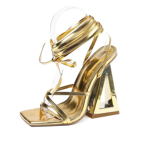 Summer Sexy Street Square Toe Gold Trendy Triangle Thick Heel Gladiator Sandals CODE: KAR2053