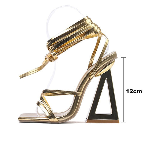 Summer Sexy Street Square Toe Gold Trendy Triangle Thick Heel Gladiator Sandals CODE: KAR2053
