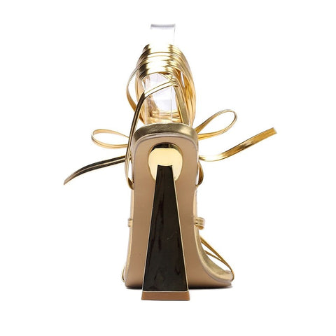 Summer Sexy Street Square Toe Gold Trendy Triangle Thick Heel Gladiator Sandals CODE: KAR2053