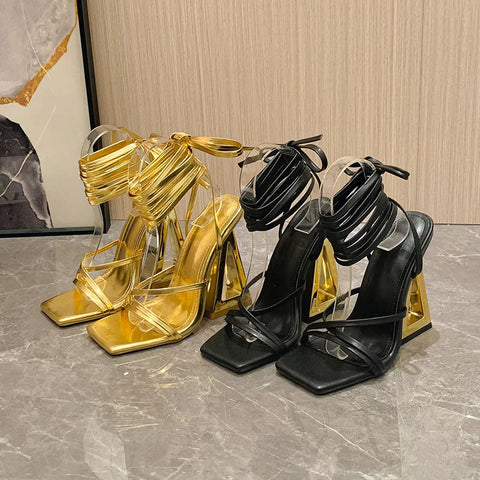 Summer Sexy Street Square Toe Gold Trendy Triangle Thick Heel Gladiator Sandals CODE: KAR2053