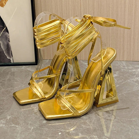 Summer Sexy Street Square Toe Gold Trendy Triangle Thick Heel Gladiator Sandals CODE: KAR2053