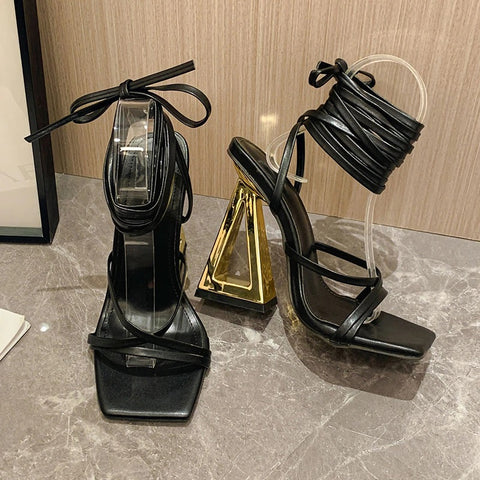 Summer Sexy Street Square Toe Gold Trendy Triangle Thick Heel Gladiator Sandals CODE: KAR2053