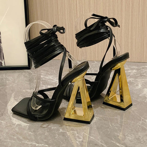 Summer Sexy Street Square Toe Gold Trendy Triangle Thick Heel Gladiator Sandals CODE: KAR2053