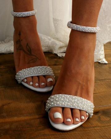 Summer Luxury White Pearls  Sexy Open Toe Ankle Strap High Heel CODE: KAR2058