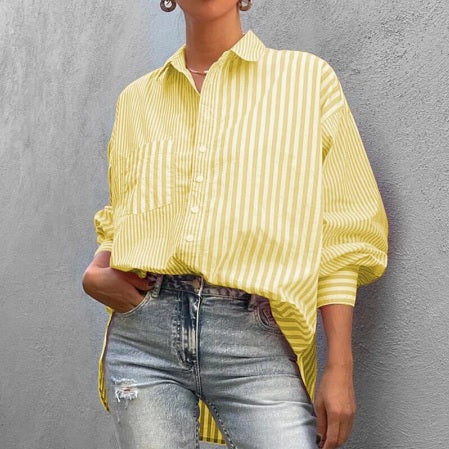 New Fashion Casual Stripe Elegant Long Sleeve Turn Down Collar Pocket Loose Top CODE: KAR2063