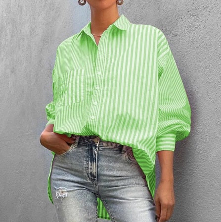 New Fashion Casual Stripe Elegant Long Sleeve Turn Down Collar Pocket Loose Top CODE: KAR2063