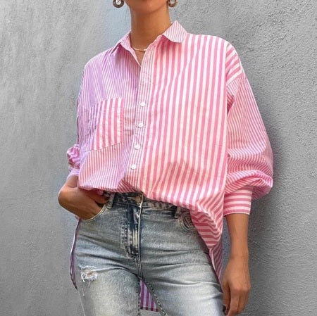 New Fashion Casual Stripe Elegant Long Sleeve Turn Down Collar Pocket Loose Top CODE: KAR2063