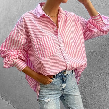 New Fashion Casual Stripe Elegant Long Sleeve Turn Down Collar Pocket Loose Top CODE: KAR2063