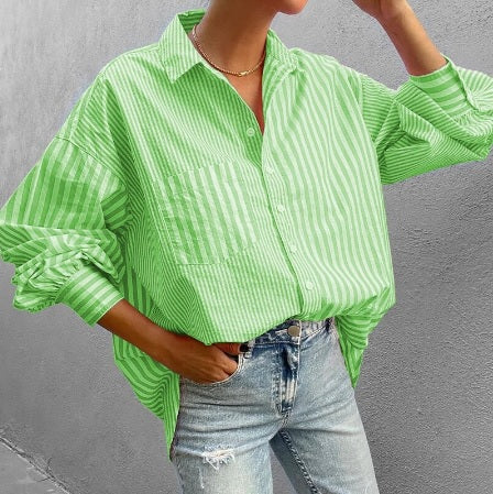 New Fashion Casual Stripe Elegant Long Sleeve Turn Down Collar Pocket Loose Top CODE: KAR2063