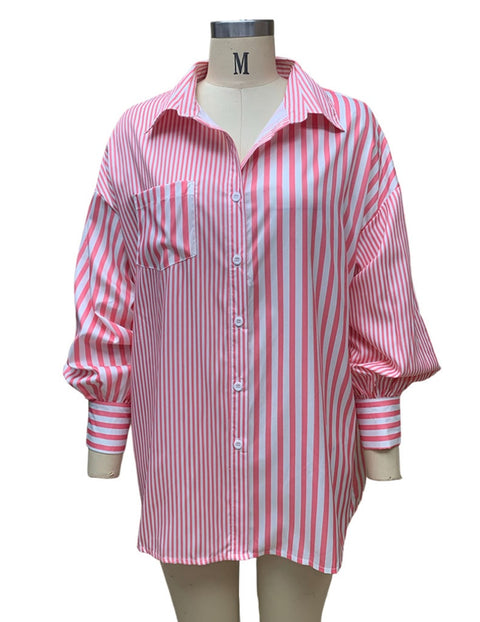 New Fashion Casual Stripe Elegant Long Sleeve Turn Down Collar Pocket Loose Top CODE: KAR2063
