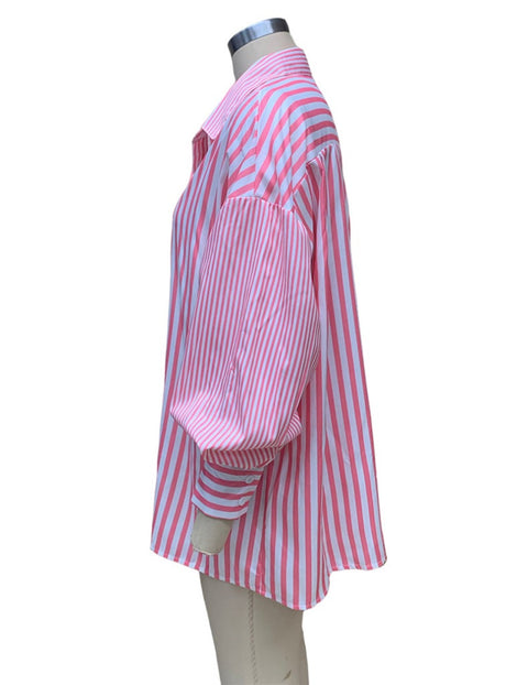 New Fashion Casual Stripe Elegant Long Sleeve Turn Down Collar Pocket Loose Top CODE: KAR2063