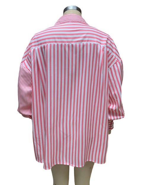 New Fashion Casual Stripe Elegant Long Sleeve Turn Down Collar Pocket Loose Top CODE: KAR2063