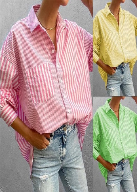 New Fashion Casual Stripe Elegant Long Sleeve Turn Down Collar Pocket Loose Top CODE: KAR2063