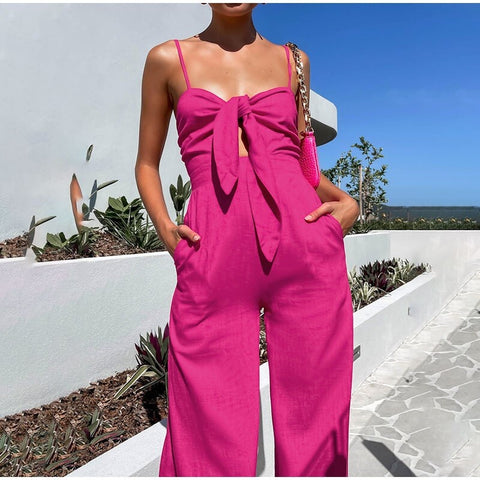 Summer New Loose Elegant Bowknot Sexy Zipper Backless Wide Leg Pant Jumpsuits CODE: KAR2067