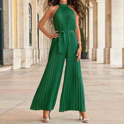 Summer Pleated Sexy Lace-up Sleeveless Halter neck Casual Loose Solid Wide-leg Jumpsuit CODE: KAR2068