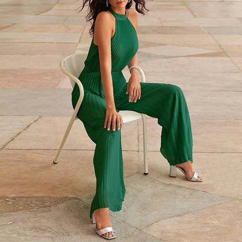 Summer Pleated Sexy Lace-up Sleeveless Halter neck Casual Loose Solid Wide-leg Jumpsuit CODE: KAR2068