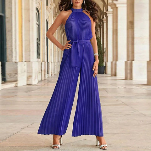 Summer Pleated Sexy Lace-up Sleeveless Halter neck Casual Loose Solid Wide-leg Jumpsuit CODE: KAR2068