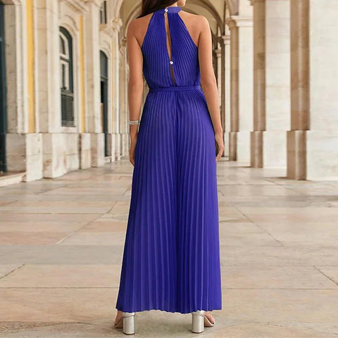 Summer Pleated Sexy Lace-up Sleeveless Halter neck Casual Loose Solid Wide-leg Jumpsuit CODE: KAR2068