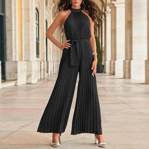 Summer Pleated Sexy Lace-up Sleeveless Halter neck Casual Loose Solid Wide-leg Jumpsuit CODE: KAR2068