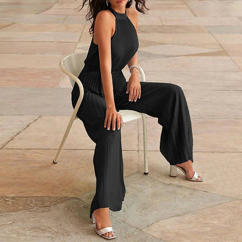 Summer Pleated Sexy Lace-up Sleeveless Halter neck Casual Loose Solid Wide-leg Jumpsuit CODE: KAR2068
