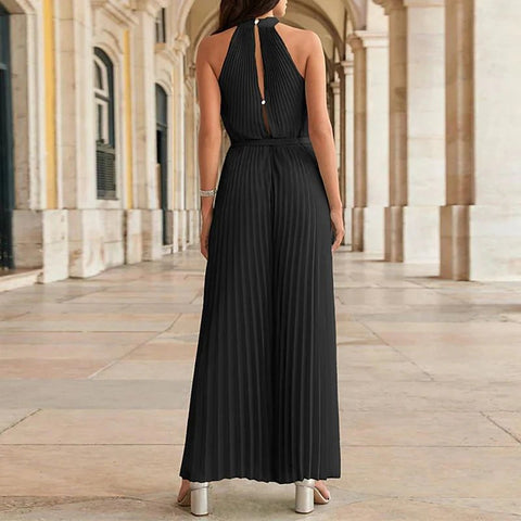 Summer Pleated Sexy Lace-up Sleeveless Halter neck Casual Loose Solid Wide-leg Jumpsuit CODE: KAR2068
