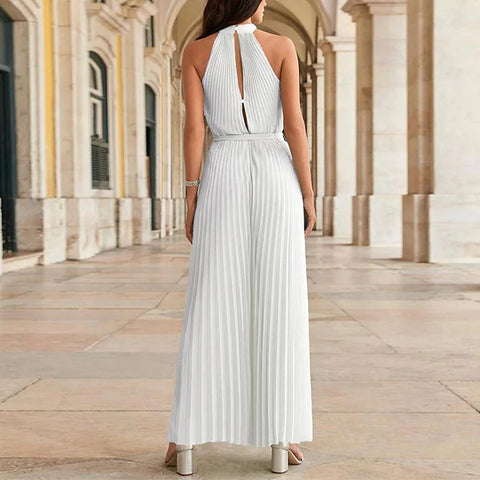 Summer Pleated Sexy Lace-up Sleeveless Halter neck Casual Loose Solid Wide-leg Jumpsuit CODE: KAR2068